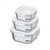Pote Vidro Hermético Quadrado 320 a 800ml Vedação Marmita 3 Unidades Pote Vidro Hermético Quadrado 320 a 800ml Vedação Marmita 3 Unidades