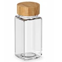 Pote Vidro Quadrado 125ml Tampa Bambu para Temperos Secos Ervas Vedação Circular para Organização Cozinha Armário Prateleira Bancada Despensa