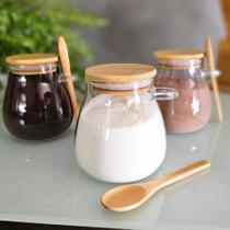 Pote Vidro Tampa Bambu E Colher Hermético Redondo Kit Com 3 - 410ml Pote Vidro Tampa Bambu E Colher Hermético Redondo Kit Com 3 - 410ml