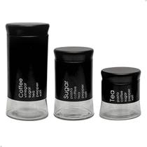 Potes condimentos 750ml 1,2l 1,4l hermetico kit 3 pcs preto vidro e aço inox 34 cm x 12 cm x 24 cm