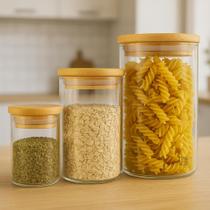 Potes de Vidro com Tampa De Bambu Porta Mantimento Armazenamento Alimento Grãos Organizador Cozinha