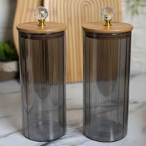 Potes de Vidro Fumê Canelado Hermético G Tampa de Bambu Cristal Design Moderno