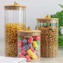 Potes de Vidro Hermetico com Tampa de Bambu, Porta Mantimento Vidro Canelado ,Potes Organizadores ,Porta Condimentos ,Potes de Vidro para Cozinha