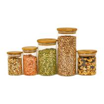 Potes de Vidro P/ Mantimentos C/ Tampa Bambu Oikos - 5 Pçs