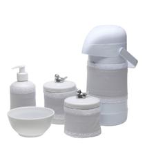 Potes, Garrafa, Molhadeira e Porta Álcool-Gel Com Capa Passarinho Prata Quarto Bebê Infantil Menina Potes, Garrafa, Molhadeira e Porta Álcool-Gel Com Capa Passarinho Prata Quarto Bebê Infantil Menina