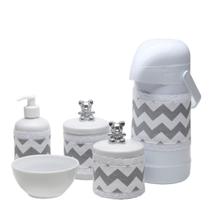 Potes, Garrafa, Molhadeira e Porta Álcool-Gel Com Capa Ursinho Prata Quarto Bebê Infantil Menina Men