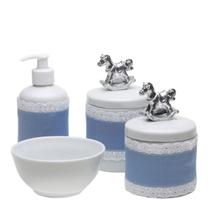 Potes, Molhadeira e Porta Álcool-Gel Com Capa Cavalinho Prata Quarto Bebê Infantil Menino Potes, Molhadeira e Porta Álcool-Gel Com Capa Cavalinho Prata Quarto Bebê Infantil Menino