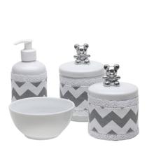 Potes, Molhadeira e Porta Álcool-Gel Com Capa Ursinho Prata Quarto Bebê Infantil Menina Menino