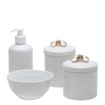Potes, Molhadeira e Porta Álcool Gel Lacinho Dourado Bebê