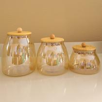 Potes para Mantimentos de Vidro Tampa Bambu Bolinha Âmbar Pote Hermético Porta Temperos