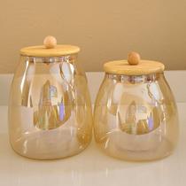 Potes para Mantimentos de Vidro Tampa Bambu Bolinha Âmbar Pote Hermético Porta Temperos