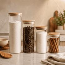 Potes Vidro Herméticos Tampa Bambu Kit 4 Peças Mantimentos Temperos Cozinha Organizador CHEF D Potes Vidro Herméticos Tampa Bambu Kit 4 Peças Mantimentos Temperos Cozinha Organizador CHEF D