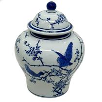 Potiche em Cerâmica Estampa Portuguesa Beija-Flor Azul 25x19cm Potiche em Cerâmica Estampa Portuguesa Beija-Flor Azul 25x19cm