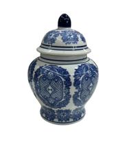 Potiche Porcelana Chinesa Redonda c/ Tampa Azul e Branca - BKAZZA