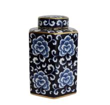 Potiche Sextavado Porcelana Florais Azul Filete Ouro Formosa Potiche Sextavado Porcelana Florais Azul Filete Ouro Formosa