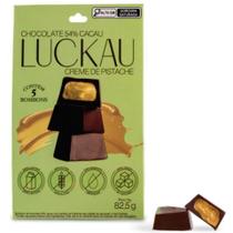 Pouch Bombom Chocolate 54 Cacau recheado com creme de Pistache Zero Adição de Açúcares, Lactose e Glúten Luckau 5 unidades de 16,5g 82,5g