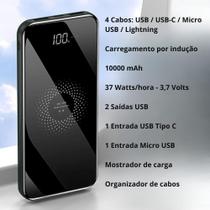 Power Bank 10000mAh com Carregamento por Indução 4 Cabos Embutidos USBC USB V8 Lightninngg Micro USB iPhonnee Android Vi