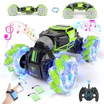 Powerextra RC Stunt Car Gesture Sensing, com Light & Music para meninos relógio mão controle remoto carro, veículo off-road rotativo duplo 360 flips com 2 baterias, presente de aniversário do menino - verde