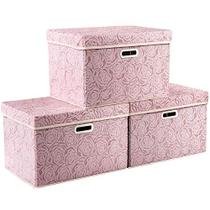 PRANDOM Caixas de armazenamento dobráveis maiores com tampas de tecido de armazenamento decorativo caixas de armazenamento organizadoras cestas de contêineres com punhos divisor para quarto closet sala rosa 17.7x11.8x11.8 Polegadas 3 Pack