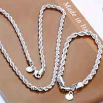 Prata 4mm Corrente Torcida Corda Colar Pulseira Conjunto Para Homens Mulheres Jóias De Moda De Alta
