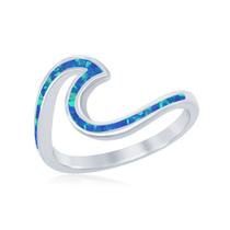 Prata Esterlina Azul Inlay Opal Wave Design Ring, Tamanho 6 - Classic