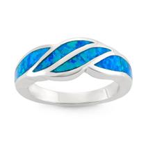 Prata Esterlina Azul Inlay Opal Wave Design Ring, Tamanho 6