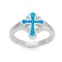 Prata Esterlina Fancy Blue Inlay Opala Cross Ring, Tamanho 7