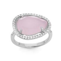 Prata esterlina grande lágrima de quartzo rosa com anel CZ, Siz