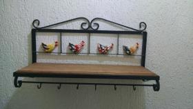 Prateleira cozinha Ferro Galinhas madeira 60 cm largura