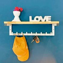 Prateleira de Parede de Ferro e Madeira Cabideiro Style 9 Ganchos Natural e Branco