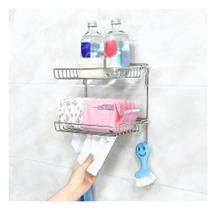 Prateleira de Parede Dupla com Adesivo Aço Inox Organizador de Cozinha e Banheiro