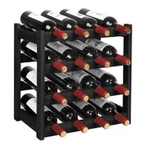 Prateleira de vinho VASMIA de 4 camadas com bancada de bambu para 16 garrafas pretas Prateleira de vinho VASMIA de 4 camadas com bancada de bambu para 16 garrafas pretas
