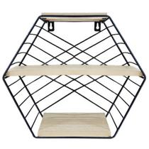 Prateleira decorativa sextavada aramado / madeira com 3 divisorias black 28x26x11cm - Wincy
