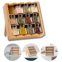 Prateleira Especiairias Porta Condimento Tempero Bambu Articulável C/ 12 Potes Vidro Cozinha - Y888 Prateleira Especiairias Porta Condimento Tempero Bambu Articulável C/ 12 Potes Vidro Cozinha - Y888