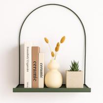 Prateleira nicho arco verde militar metal decorativa retro luxo organizadora moderna livros sala multiuso