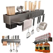 Prateleira Organizador De Cozinha 51cm Aço Suporte De Parede P/ Utensílios Porta Talher Faca Porta Pano Toalha 8 Gancho