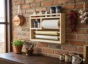 Prateleira porta tempero madeira cozinha suporte parede papel toalha aluminio filme