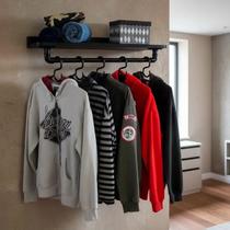 Prateleira Suporte Cabideiro de Parede Roupas e Acessórios Estilo Industrial - Preto Laca