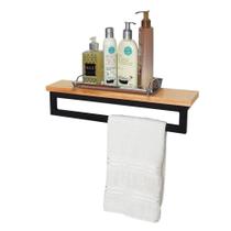 Prateleira Suporte Toalheiro Estilo Industrial em Madeira Estrutura de Ferro Banheiro Multiuso