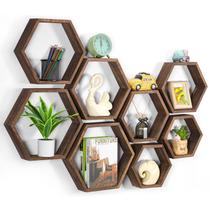 Prateleiras flutuantes CADUKE Hexagon Wood, conjunto de 8 marrons Prateleiras flutuantes CADUKE Hexagon Wood, conjunto de 8 marrons