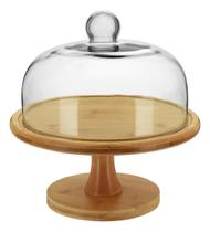 PRATO BOLO COM PÉ TAMPA VIDRO BAMBU 27x26x26cm NATURAL