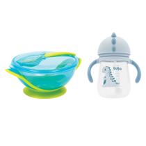 Prato bowl com colher azul e Copo Dino azul Buba Baby