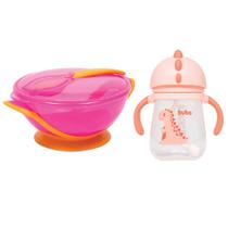 Prato bowl com colher rosa e Copo Dino rosa Buba Baby