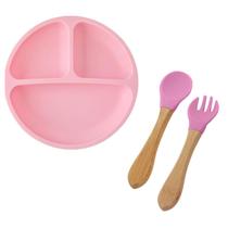 Prato c/divi infantil silic + dupla talheres silicone eco rosa