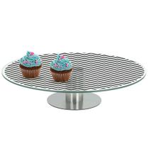 Prato de Bolo Doce 30Cm Vidro Decoração Base Inox Prato de Bolo Doce 30Cm Vidro Decoração Base Inox