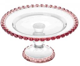 Prato de Bolo Pé de Cristal Coração Borda Rosa 19,5cm - Lyor