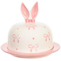 Prato de cerâmica com cúpula Orelhas de Coelho de Páscoa rosa com pintura de laços 15,1x17,6
