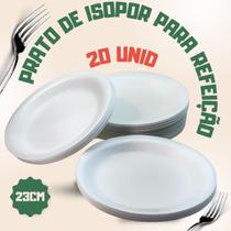 Prato de Isopor para refeição com 20 unid, 23cm, Resistente e térmico.