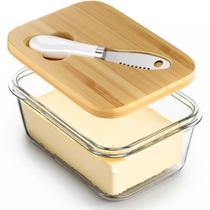 Prato de manteiga de vidro com tampa e faca de bambu, selo hermético para frescor, prato de manteiga grande para manteiga da costa leste e oeste, ideal para armazenamento em bancadas e refrigeradores, protetor de manteiga de vidro premium Prato de manteiga de vidro com tampa e faca de bambu, selo hermético para frescor, prato de manteiga grande para manteiga da costa leste e oeste, ideal para armazenamento em bancadas e refrigeradores, protetor de manteiga de vidro premium