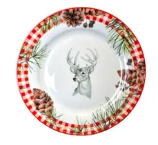 Prato de sobrema natalina xadrez com rena e pinhas 19cm Prato de sobrema natalina xadrez com rena e pinhas 19cm